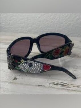 Ed Hardy Black Sunglasses with Red, Green, White & Silver Crystal Accents